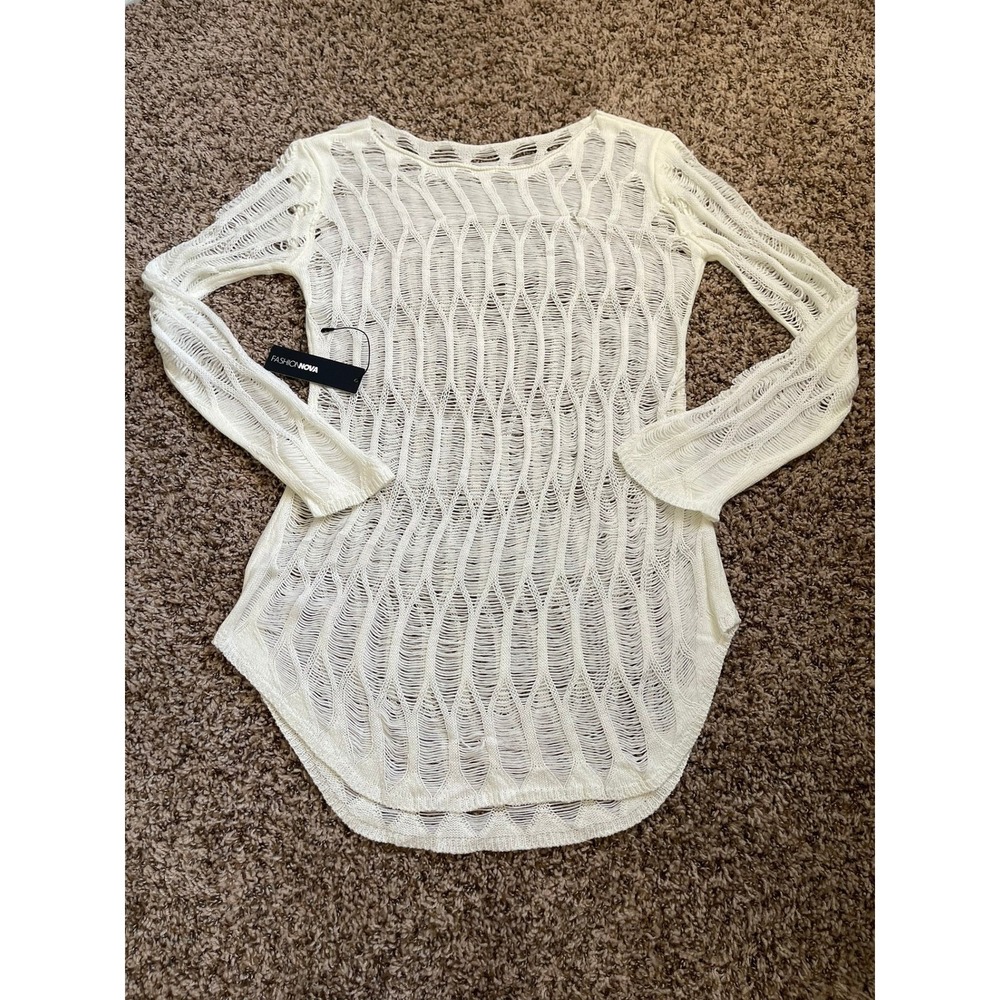 Fashion Nova Audrey Crochet Cover Up Mini Dress White Long Sleeve Medium
